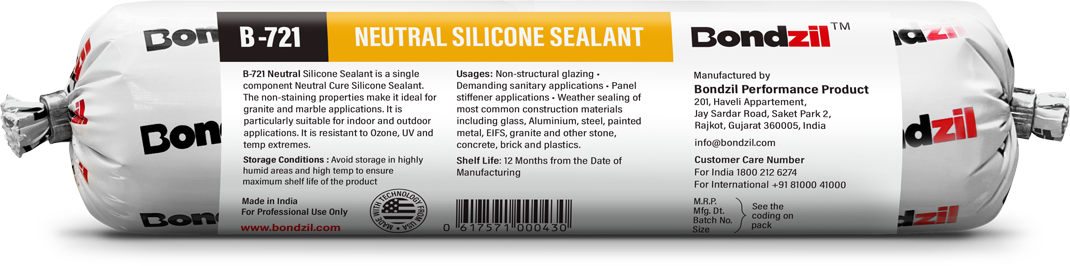 Bondzil B-721 neutral silicone sealant sausage for sanitary applications, panel stiffener, construction materials including glass, aluminium, steel, granite, concrete, briick and plastic